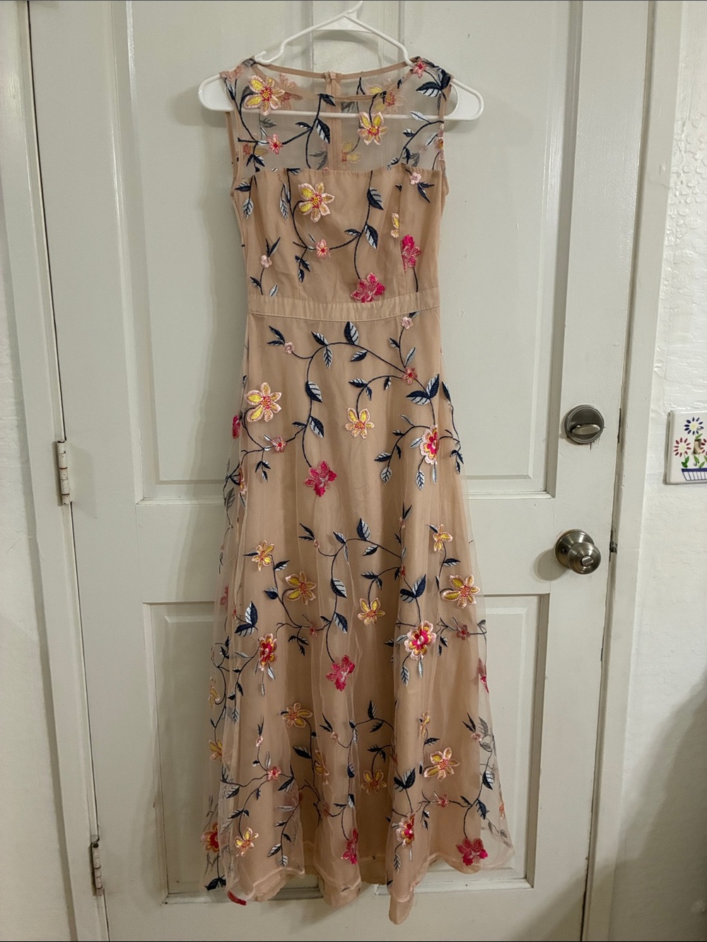 Pink Floral Embroidered Mesh Maxi Dress